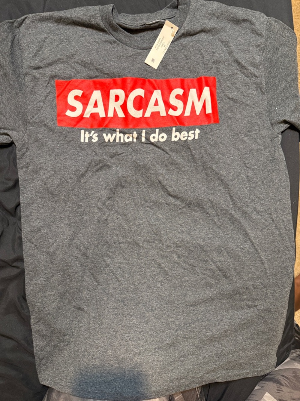 Source Unknown Charcoal Gray Tee with Red 'SARCASM' Graphic